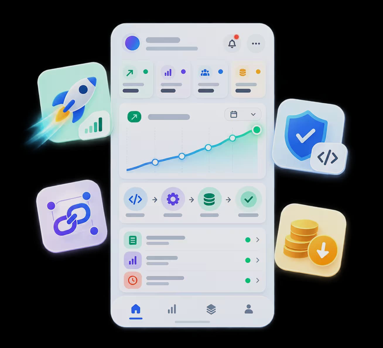 Mobile app dashboard showing analytics, workflows, security, and data management.