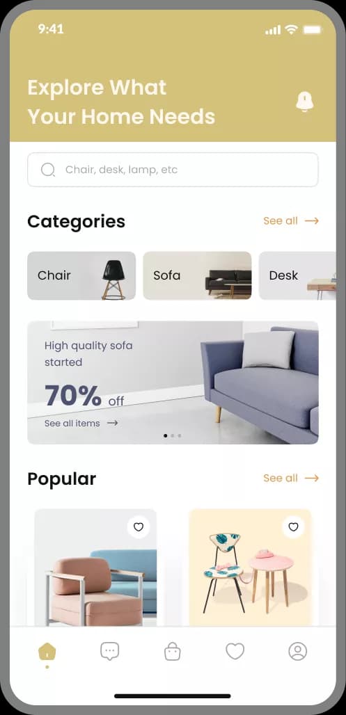 Custom app development interface showing furniture shopping app with product categories and promotions.